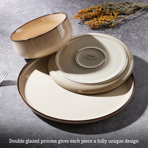 Homikit 18 Piece Dinner Set, Kitchen Stoneware Dinnerware Sets for 6 People, Included 6X Dinner Plates, 6X Side Plates and 6X Bowls, Non-Scratch, Dishwasher & Microwave Safe, Desert Khaki - Image 5