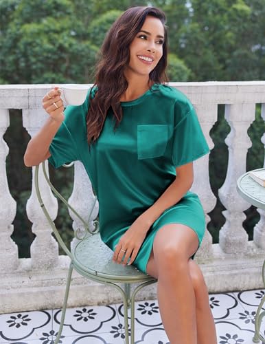 Image of Ekouaer Silky Satin Sleep Shirts for Women Nightshirt Tshirt Night Gowns | Short Sleeve Pajama Dress Round Neck Shirt Dress With Chest Pocket Cooling Nightgowns Lightweight Sleepwear