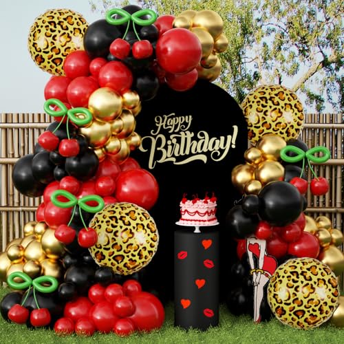 Image of JOGAMS 182Pcs Betty Party Decorations,Leopard Cheetah Print Party Decorations,Red and Black Cherry Balloon Arch Kit with Gold Cheetah Balloons for Bachelorette Birthday Baby Shower Vintage Retro Party