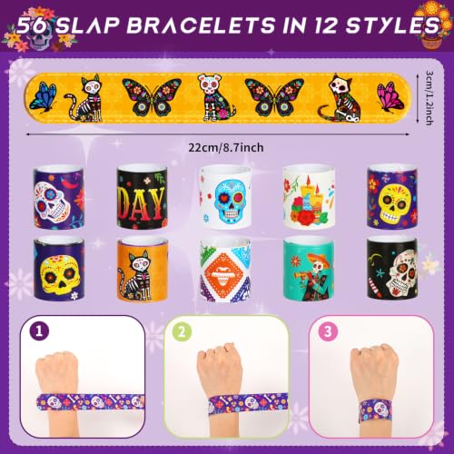 Image of JUNEBRUSHS 56Pcs Day of the Dead Slap Bracelet Party Favors Bulk Set