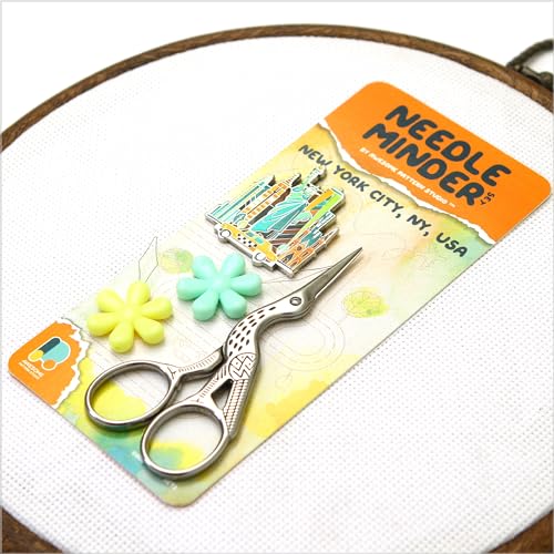 Image of Awesome Pattern Studio Needle Minder Set - New York Magnetic Needle Minder + 2 Needle Threaders + Crane Scissors. Enamel Pin for Cross Stitch, Embroidery and Craft
