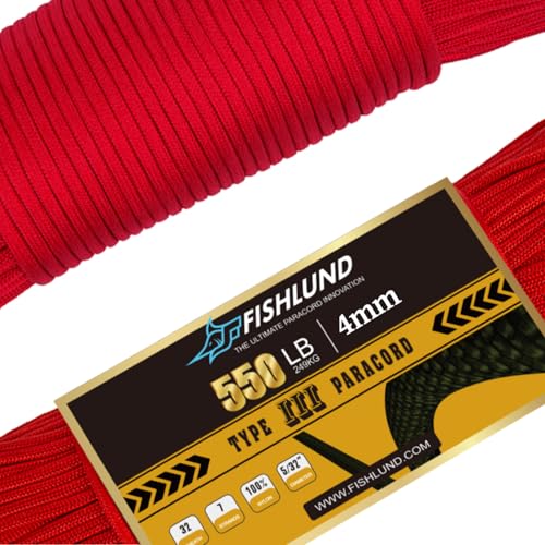 FISHLUND Paracord 550 lb 7 Strand Paracord Rope 50ft 4mm Nylon Parachute Cord for Camping Imperial Red