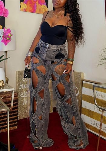 Womens High Waisted Jeans Y2K Trendy Hollow Out Criss Cross Wide Straight Leg Baggy Denim Pants3
