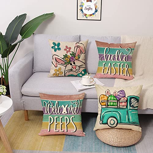 Fjfz Hello Easter Bunny Eggs Truck Decorative Throw Pillow Covers 16 X 16 Set Of 4, Spring Welcome Peeps Retro Porch Outdoor Home Decor, Floral Farmhouse Stripes Holiday Sofa Couch Cushion Case #TOP5