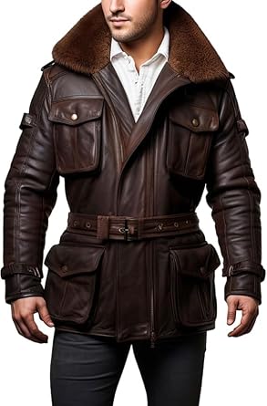 Mens Genuine Sheepskin Aviator Leather Coat Faux Fur Collar Pilot Military Bomber Jacket | BROWN