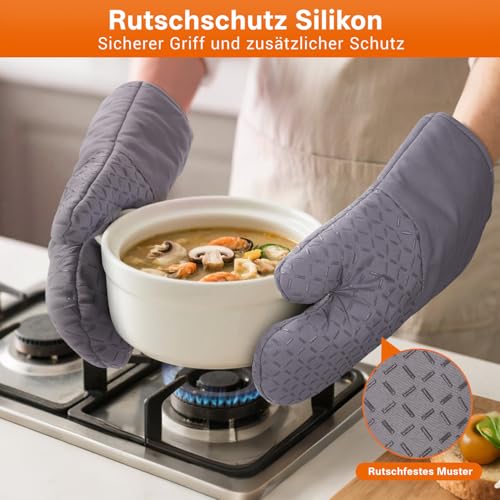 MILcea Ofenhandschuhe Topflappen Topfhandschuhe 4er Set - Ofenhandschuhe Hitzebestaendig bis 300°C, Rutschschutz, Verlängern, Weich, Backhandschuhe Kochhandschuhe Oven Gloves, Grau