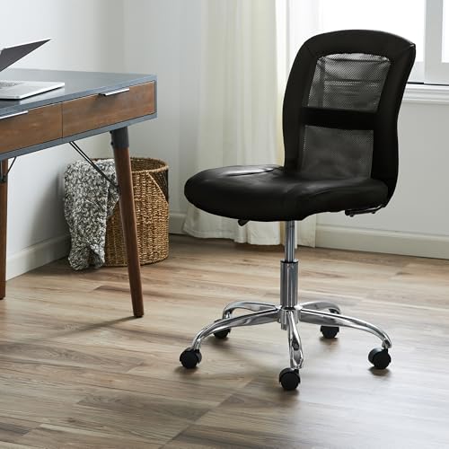 Image of Serta Essential Armless TaskChair, Small Desk Chairs with Wheels, Breathable Mesh Back and Faux Leather, Quality Foam Cushion Seat for Comfort, Minimal Design for Vanity Table, Black