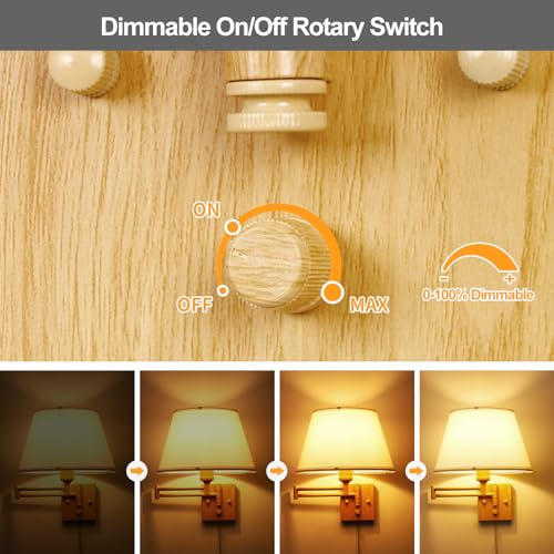 Image of TRLIFE Dimmable Wall Sconce Plug in, Wall Sconces Set of 2 Swing Arm Wall Lights with Plug in Cord and Dimmer On /Off Knob Switch, 11.8 inch Large White Fabric Shade(2 LED Bulbs Included, Oak Color)