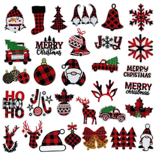 Attuslla 31 PCS Christmas Iron on Patches Red Black Santa Claus Snowflake Sew Applique Repair Patch for Clothing Hat Shirt Bag Jeans DIY Decorations