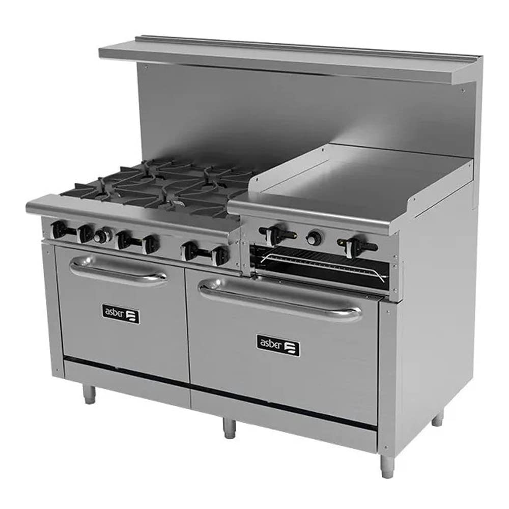 Asber AEMR-2-RG24-B6-60-H NG 60' Wide, 6 Burner 24' Griddle Restaurant Range with Double Oven, Natural Gas