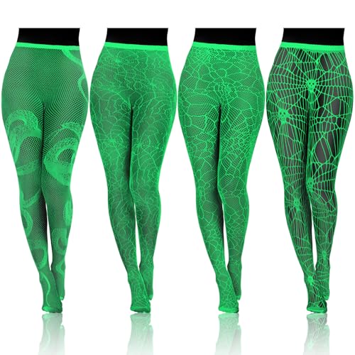 Jecery 4 Pcs Halloween Glow in The Dark Fishnets Stockings Halloween Tight Skull Spider Snake High Waist Tights Luminous Stockings High Waist Pantyhose for Dress up Party Stage