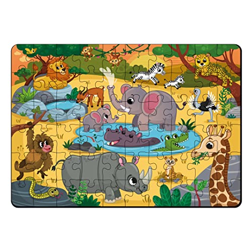Image of Mini Leaves 60 Pieces Wooden Floor Puzzle for Kids & Adults | Wild Safari Animals Jigsaw | Fun & Challenging Game - Gift With Wooden Box