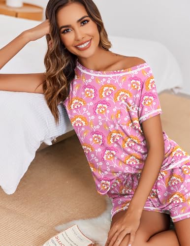 Image of Ekouaer Womens Pajama Sets 2 Piece Soft Short Sleeve Top and Shorts Sleepwear Round Neck Pjs Lounge Set with Pockets