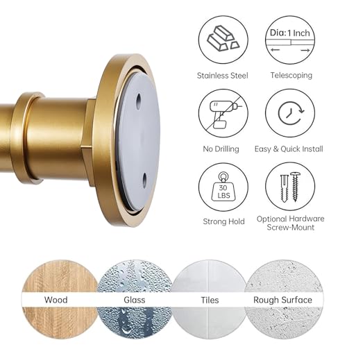 Image of BRIOFOX Industrial Shower Curtain Rod - 2-in-1 Design Tension Curtain Rod - Rustproof Non-Slip 43 to 72 Inch Metal Steel, Frosted Gold Painted Window Curtain Rod