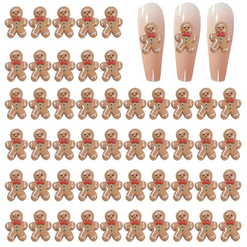 50Pcs Cute Gingerbread Man Nail Charms Christmas Nail Art Charms 3D Resin Design Mini Nail Gems Winter Cartoon Nail Jewelry Xmas Acrylic Nails Supplies for Women Holiday Manicure Decor Accessories