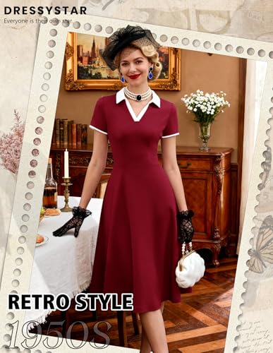 Image of Dressystar Women's 1950s Vintage Swing Dress Short Sleeve V Neck A Line Retro Rockabilly Cocktail Party Dresses With Pockets