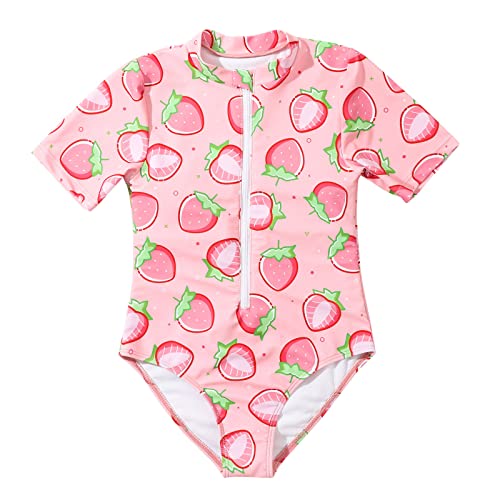 Kids Girls Strawberry Print Short Sleeve Zipper Swimsuit One Piece UPF 50+ Rash Guard Lightweight Beach Swimwear - Main Image