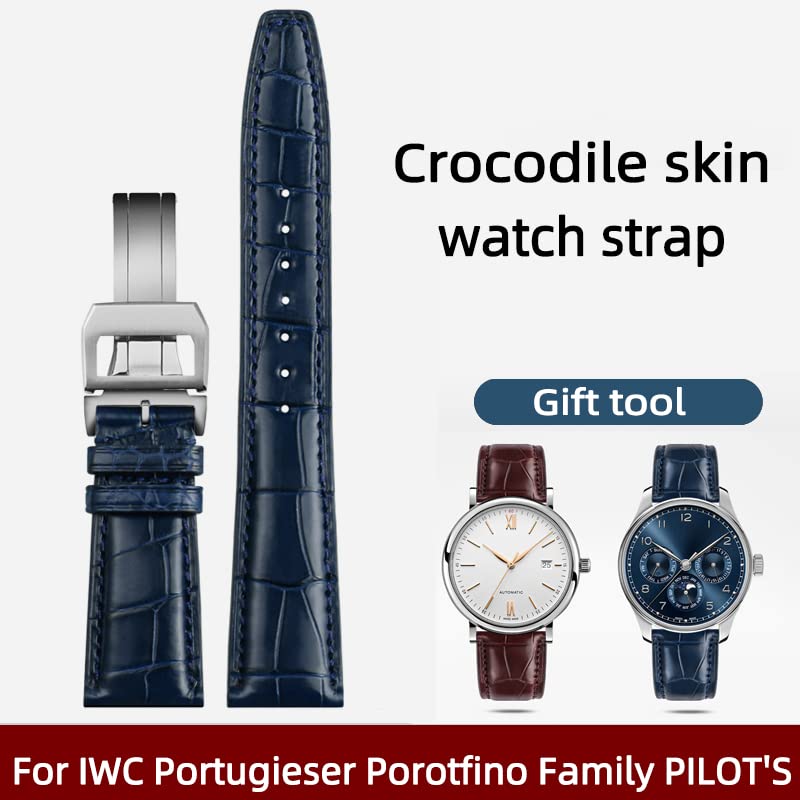 Correa de reloj de piel de cocodrilo de 20mm, 21mm, 22mm, repuesto para IWC Portugieser Porotfino, familia, relojes de piloto, correa con hebilla plegable