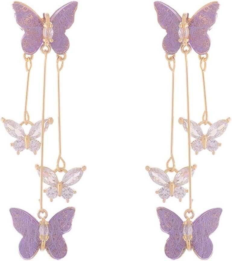 FUTIMELYPurple Butterfly Drop Dangle Earrings for Women,Spring Rhinestone Crystal Lavender Tassel Earrings Preppy Personalized Jewelry