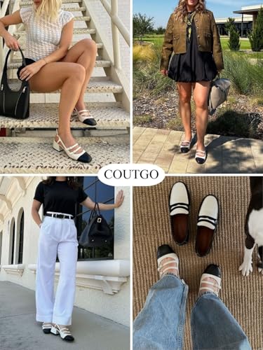 Image of Coutgo Women's Mary Jane Chunky Low Heels Slingback Pumps Closed Square Toe Wedding Dress Shoes