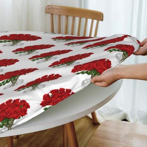 Nappe ronde ajustée M 114-127cm en polyester imperméable à motif de roses rouges.