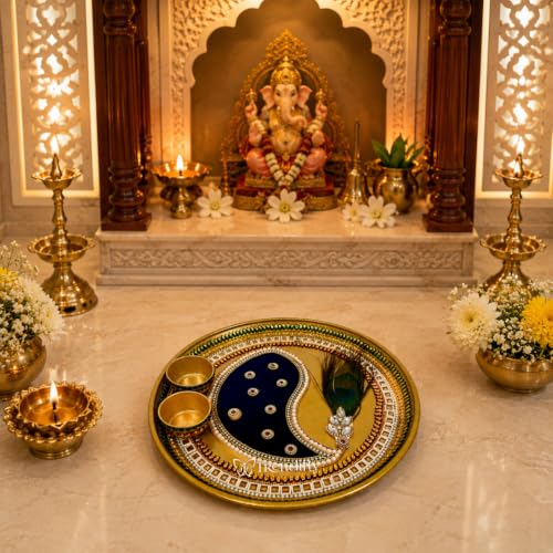 Image of Trendifly Handmade Metal Pooja Aarti Thali Set with 2 Kumkum Chandan Diya Holder | Stone Mirror Work Puja Thali Set for Home Mandir Temple Room | Wedding, Baby Shower, Home Ceremony, Pooja Return Gift