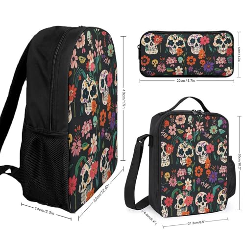 3 Piece Backpack for Women Men Lightweight Causal Daypack Shoulder Bag Set with Insulated Lunch Bag And Pencil Case Organizers Day of The Dead Floral Skull Patterns2