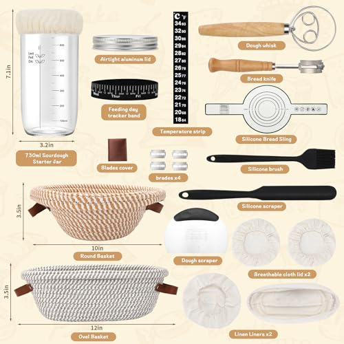 Miniatura 2 de Csyy Juego De Cestas De Prueba De Pan, Cestas Redondas De 23 Cm Y Ovaladas De Algodón De 25 Cm, Juego De Iniciación De Masa Madre, Tarro De Fermentación De 730 Ml, Accesorios Para Hornear Pan, Kit De