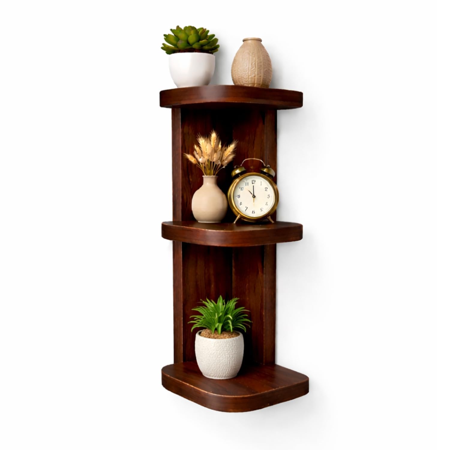 Solid Wood Corner Wall Shelf 3 Tier | Wall Mounted Wooden Floating Shelves for Living Room, Bedroom & Bathroom Corner Storage Rack Organizer (Brown-image-15