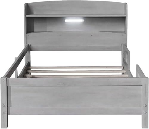 Miniatura 6 de Marco de cama de madera de pino tamaño individual con cabecera de estantería de almacenamiento, luz LED integrada y barandilla para niños y niñas,