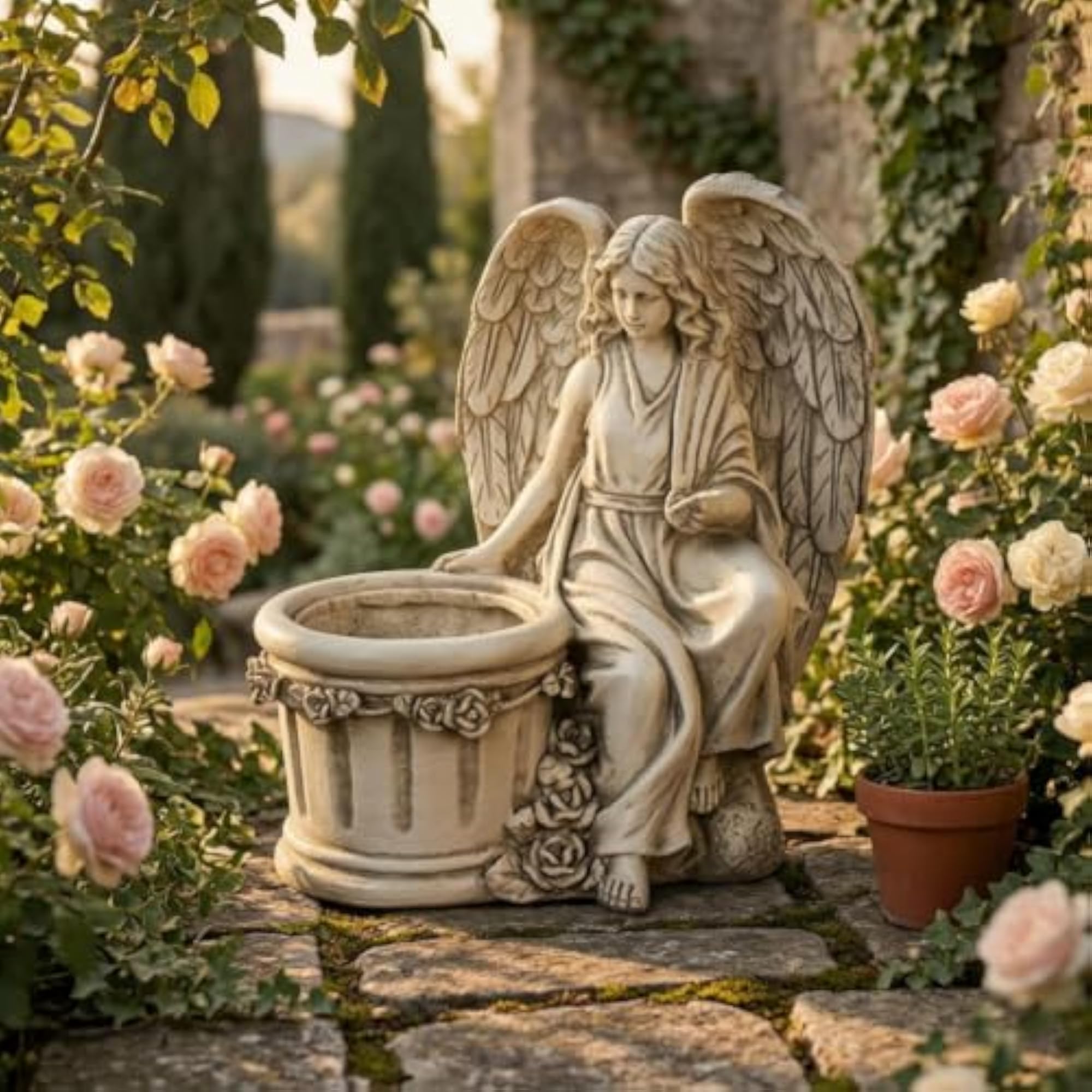 Antique Cream Ornate Angel Figurine Planter