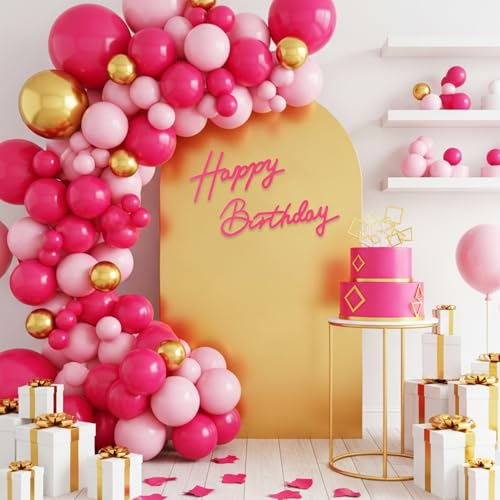 Image of TONIFUL Happy Birthday Sign for Backdrop - Hot Pink Felt Banner - Includes Dot Glue - Perfect for Birthday Party Backdrop,Wall Decor,Balloon Arch,Photo Background