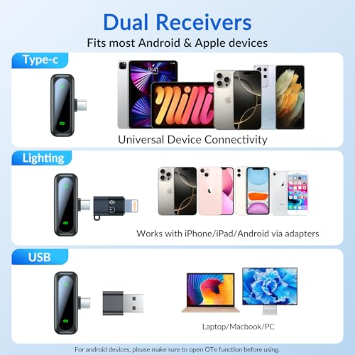 Kabelloses Mikrofon, Mikrofon für iPhone und USB-C-Stecker, Mini-Mikrofone, kabellose Mikrofone mit Rauschunterdrückung, Mini-Mikrofon, LED-Display und den Akku anzeigen, ideal für Vlog, TikTok