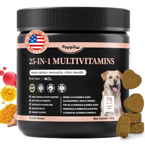 POPPAW 25-in-1 Dog Multivitamin Chews – All-in-One Daily Vitamins & Supplements for Dogs, Joint Support with Glucosamine MSM, Omega-3 Skin & Coat, Gut, Heart & Brain, All Breeds & Ages, Chicken, 60 Ct