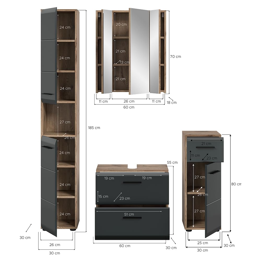 Lomadox Badezimmer Badmöbel-Set 4-teilig in Eiche mit schwarz matt, mit 1 Hochschrank, 1 Unterschrank, 1 Spiegelschrank mit 3D-Funktion & 1 Waschbeckenschrank