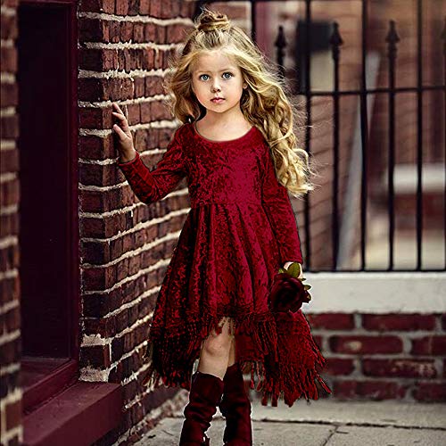 Quenny New Children's Gold Velvet Long-Sleeved Fringed Dress,red Sweet Princess Dress.3
