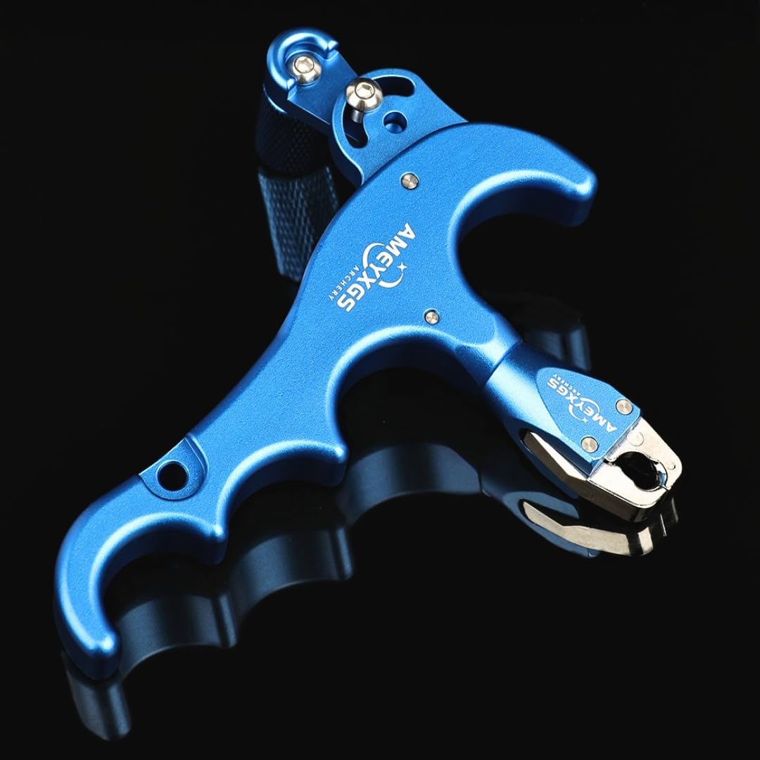 Tiro con arco, arco compuesto, liberación, SIDA, 4 dedos, aleación de aluminio, lanzamiento de arco compuesto, sensibilidad ajustable, Caliper, cabezal de sujeción de 360 grados (azul)
