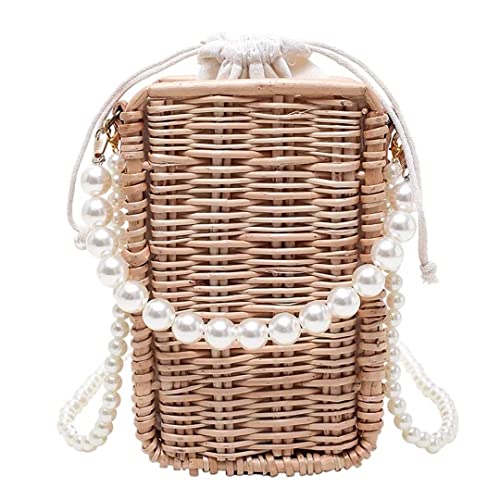 DUNMW Handgefertigte Umhängetasche aus Weidengeflecht, Clutch, Strandtasche, Eimertasche, Umhängetasche mit Perlenriemen für Frauen, Mädchen, für Urlaub, Partys, Hochzeiten Cover