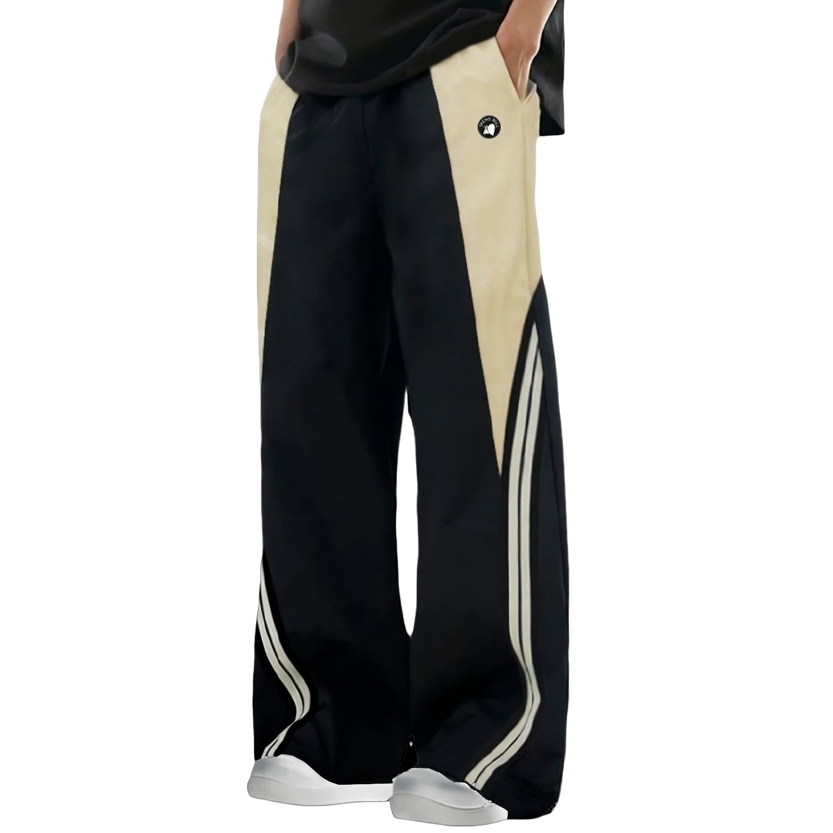 Men’s Korean Fashion Track Pants | Stretchable Poly Spandex Joggers Trousers with Two-Tone Panels, Curved Stripe Seams & Drawcord Waist-image-16