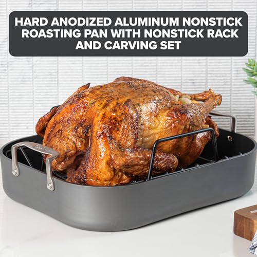Image of Viking Hard Anodized Aluminum Nonstick Roasting Pan with Non Stick Rack and Carving Set, 16 x 13 Inch Kitchen Cookware, Dishwasher and Oven Safe, Dark Grey