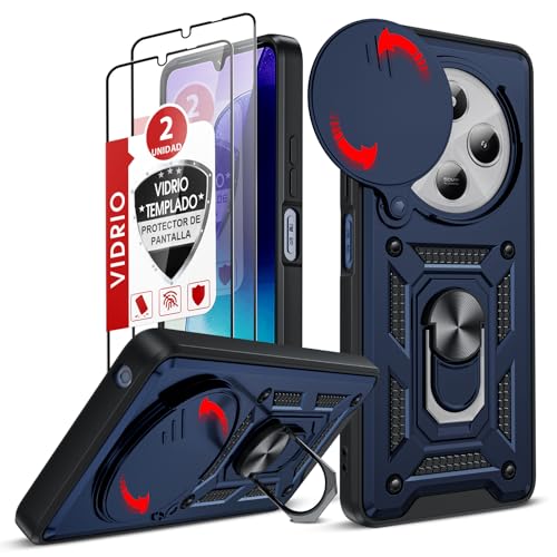 LeYi Funda para Xiaomi Redmi 14C/14 C 4G/Xiaomi Poco C75 con [2-Unidades] Cristal Vidrio Templado, Carcasa Cubierta de cámara Deslizante Proteger Anillo Soporte Silicona TPU Armor Bumper Case, Azul