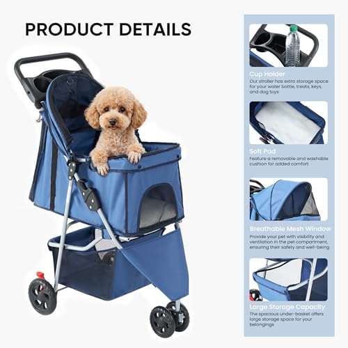 Image of NEWBULIG 3 Wheel Pet Stroller for Dogs and Cats, Foldable, Lightweight and Durable, Ideal for Small to Medium Pets, Includes Storage Basket and Cup Holders