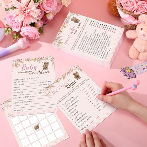 Image of Jetec 302 Pcs Baby Shower Games, 6 Games,50 Sheets Each, Pink Highland Cow