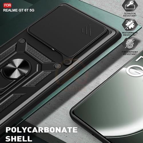 Image of Armor Bumper Back Cover Case for Realme GT 6T 5G / GT Neo 6 SE 5G Rotating Camera Cover, Ring Holder & Kickstand | Heavy Duty & 360 Degree Protection Back Cover (Black)
