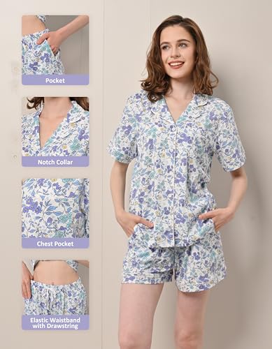 Image of NAP BOUND 100% Cotton Pajamas for Women Sets 2 Pieces Pjs Button short sleeves with Pockets Soft Sleepwear Loungewear XS-XXL