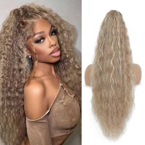 Image of Claw Clip Ponytail Extension 26In Wavy Curly Hair,Blonde Highlight H27 /88#