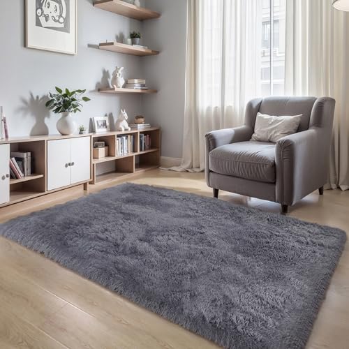 Thick Area Rug Grey Fluffy Shag 3×5 for Bedroom, Ultra Soft Plush Fuzzy Washable Throw Carpet, Modern Non Slip Cozy Furry Shaggy Rug for Living Room Kids Baby Nursery College Dorm