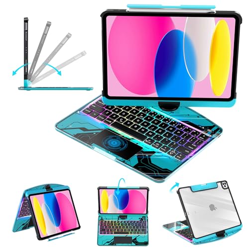 Image of Clear Keyboard Case for iPad 10th Gen (2022 /2025 10.9 inch) & 11 inch (A16) 3-Brightness, 7-Color Backlight, Trackpad Wireless Bluetooth Keyboard with 360 Rotating Stand, Pencil Holder Blue
