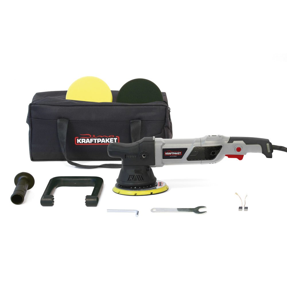 Dino KRAFTPAKET 21mm-950W Exzenter Poliermaschine 12-Stufig mit LCD-Display und Memory-Funktion im Set mit Polierschwamm Polierteller Tasche für Auto KFZ Boot XXL-HUB