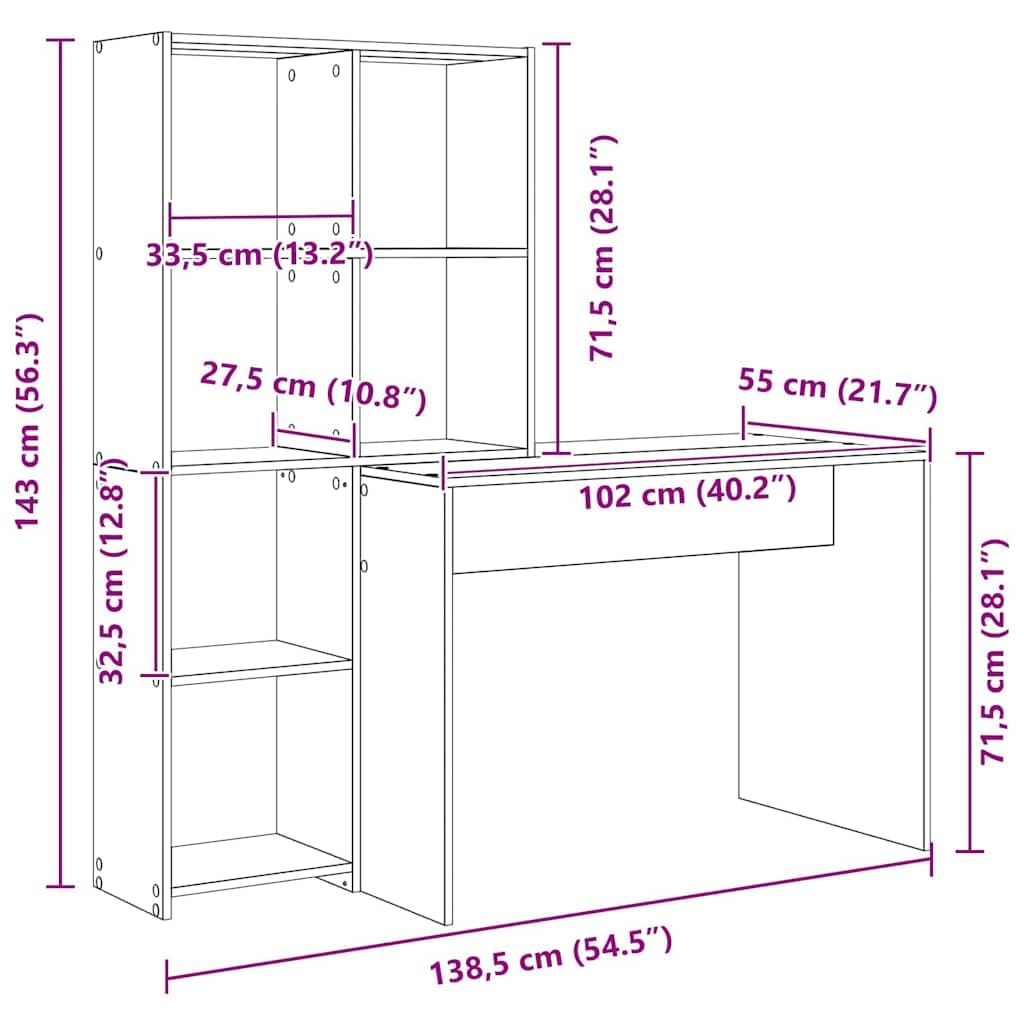 Scrivania in legno Sonoma grigio, 138,5 x 55 x 143 cm, con 4 ripiani, per ufficio, casa, computer, laptop, PC e ordine